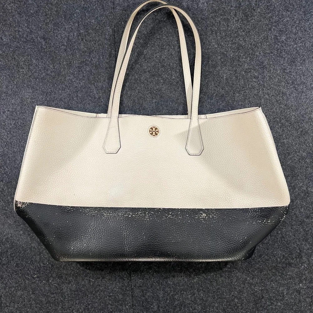 Tory Burch Perry Tote Womens Large White Black Leather Shoulder Bag Handbag